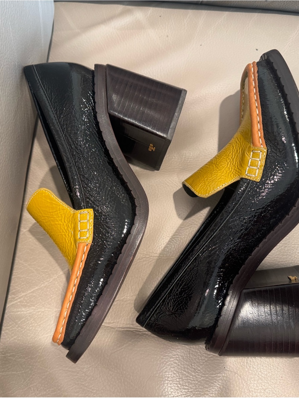 Tory Burch Black Patent Leather Loafers with Yellow and Tan Trim